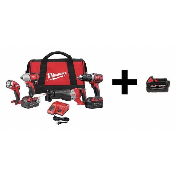 Milwaukee Tool Cordless Combo Kit, 18.0 V, 4 Tools, 3 Batt - 2696-24 / 48-11-1840