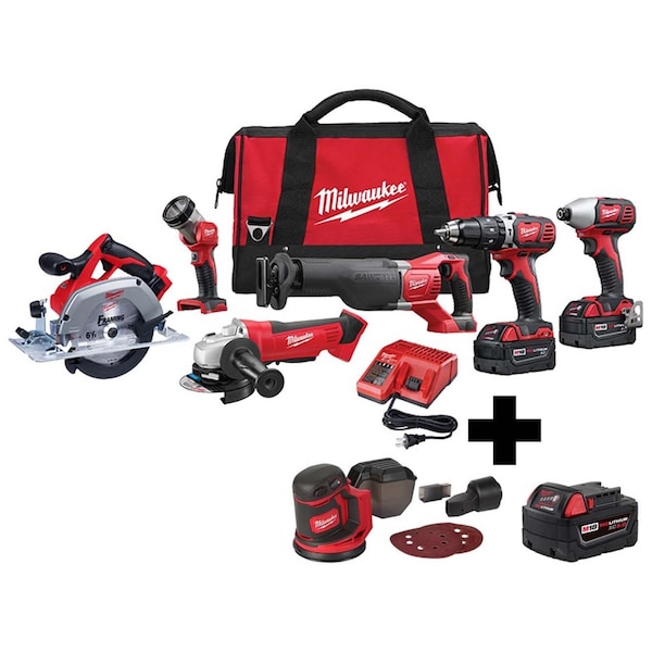 Milwaukee Tool Cordless Combo Kit, w/Orbit Sander, w/5AH - 2696-26, 2648-20, 48-11-1850