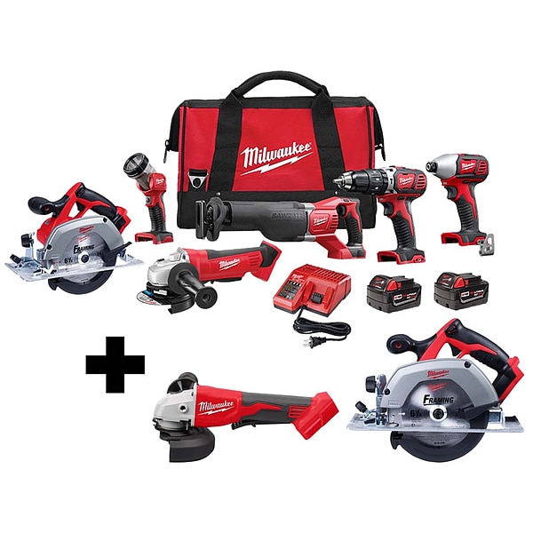 Milwaukee Tool M18 6Tool Kit, M18 Grinder, M18 Circ Saw - 2696-26, 2686-20, 2630-20