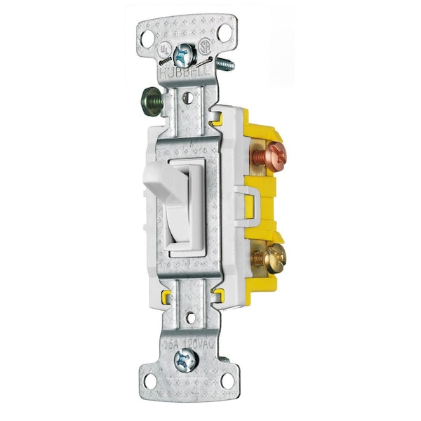 Hubbell Wiring Device-Kellems TradeSelect, Switches and Lighting Controls, Residential Grade, Toggle Switches, Three Way, 15A 120V AC, Self Grounding, White - RS315SW