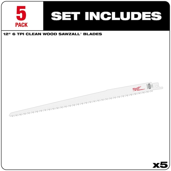 Milwaukee Tool 12" 6 TPI Fleam Ground SAWZALL Blades (5 Pk) - 48-00-5017