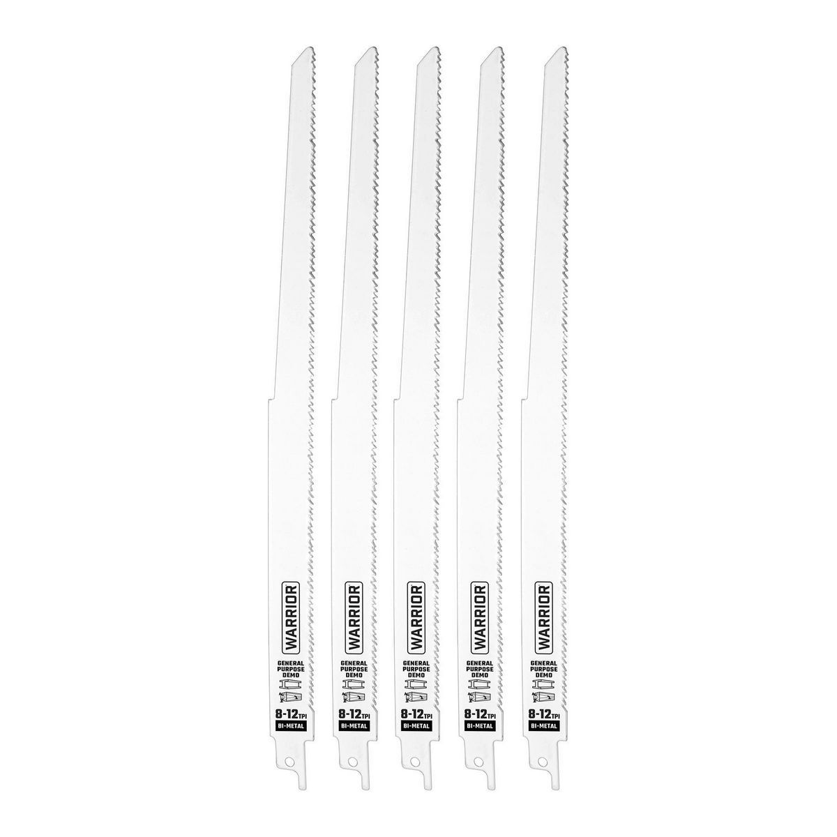 Cuchillas de sierra reciproca bimetálica para demolición de 8-12 TPI de 12 pulgadas Warrior, paquete de 5 - 68042