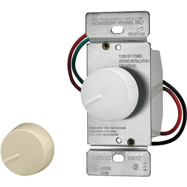 Eaton Wiring Devices Rotary Dimmer, 20 A, 120 V, 600 W, 3-Way, Ivory/White - RI306P-VW-K2