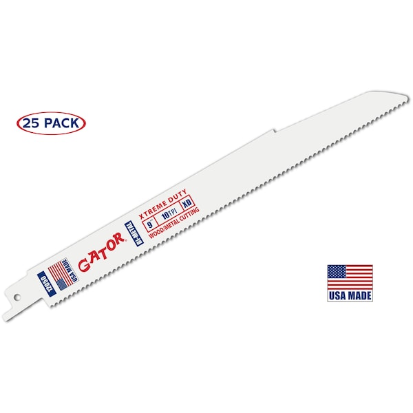Gator Reciprocating Saw Blade 9 in. x 7/8 in. x 10tpi #12050, Xtreme Duty Demolition All Cutting, 25PK - 12050
