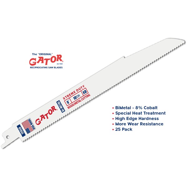Gator Reciprocating Saw Blade 9 in. x 7/8 in. x 10tpi #12050, Xtreme Duty Demolition All Cutting, 25PK - 12050