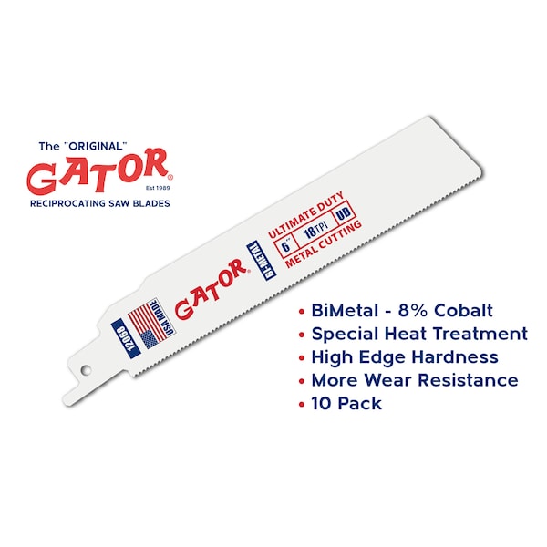 Gator Reciprocating Saw Blade 8 in. x 3/4 in. x 18pi #12021-10, Tough Duty Metal Cutting, 10PK - 12021-10