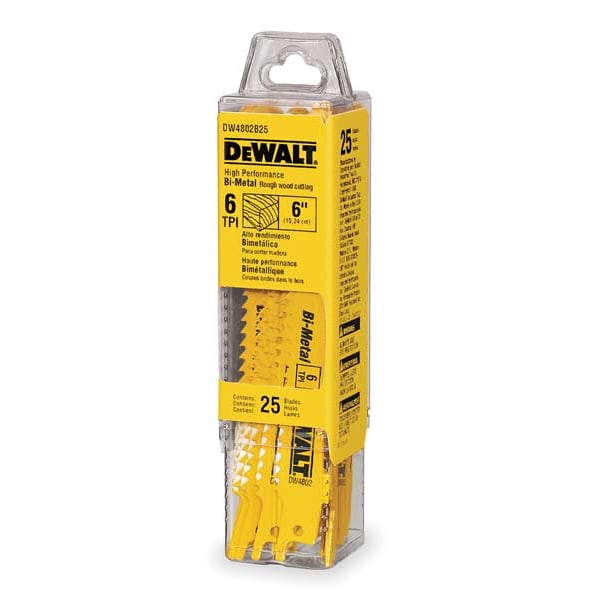 Dewalt 6" 6 TPI Taper Back Bi-Metal Reciprocating Blade for General Purpose Wood Cutting (25 pack) - DW4802B25