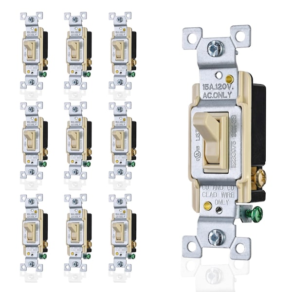 Faith 3 Way Toggle Switch Ivory Standard Wall Electrical Switch, 15A, Grounding Screw, 120V/277V, 10PK - SSK3B-IV-10