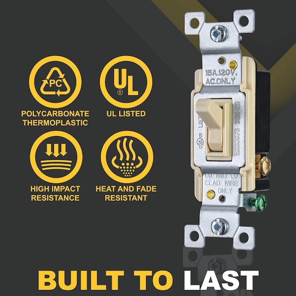 Faith 3 Way Toggle Switch Ivory Standard Wall Electrical Switch, 15A, Grounding Screw, 120V/277V, 10PK - SSK3B-IV-10
