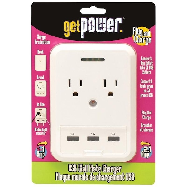 Getpower USB Wallplate Charger, 41 A, 5 Outlet, White - GP-3USB-AC-AC