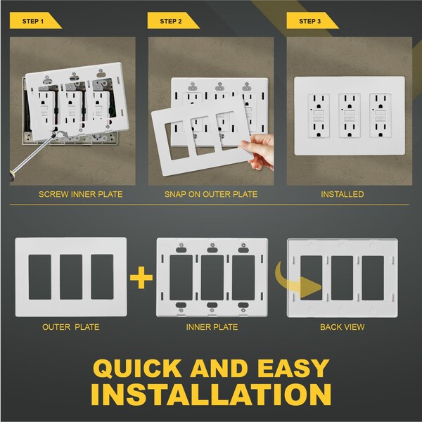 Faith 3-Gang Decorator Screwless Wall Plates, 4.68in x 2.93in, Fits GFCI, USB Receptacle, Dimmers, White - SWP3-WH-01