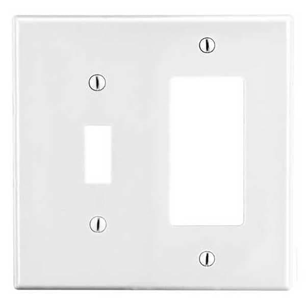 Hubbell Toggle Switch/Rocker Wall Plate, Number of Gangs: 2 Plastic, Smooth Finish, White - PJ126W