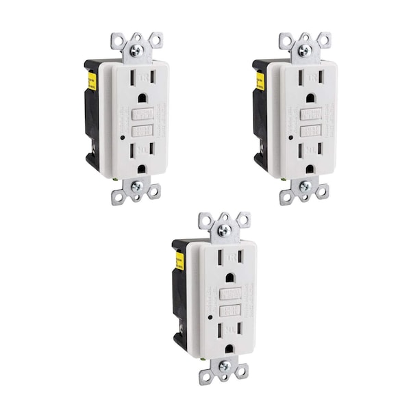 Sunlite E545 GFCI Duplex Outlet 20 Amp 120 VAC 2 Pole/3 Wire Wallplate LED Indicator Light White, 3PK - 41441-NS
