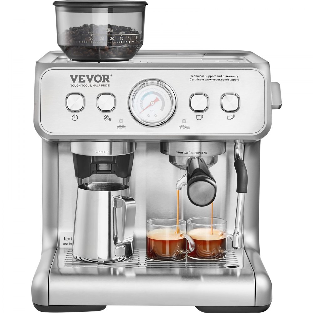 VEVOR Espresso Machine with Grinder, 15 Bar Semi-Automatic Espresso Coffee Maker with Milk Frother Steam Wand, Removable Water Tank & Pressure Gauge for Cappuccino, Latte, Machiato, PID Control System - BZDYSKFJYMKAH5JSRV1