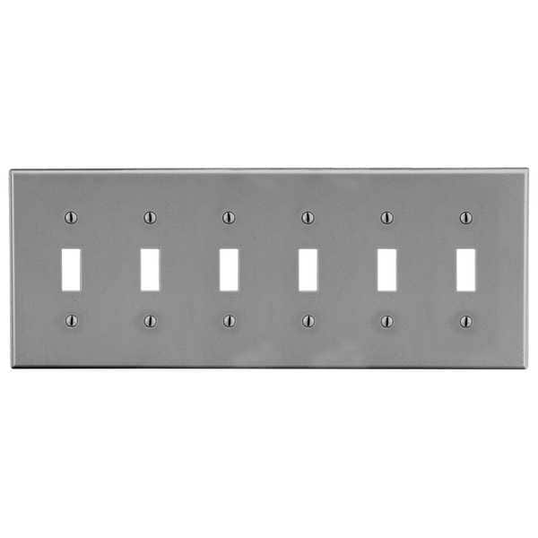 Hubbell Toggle Switch Wall Plate, Number of Gangs: 6 Plastic, Smooth Finish, Gray - P6GY