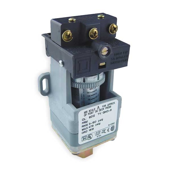 Interruptor de presión Telemecanique Sensors, (1) puerto, 1/4-18 en FNPT, SPDT, 1.5 a 75 psi, Acción estándar - 9012GRO4
