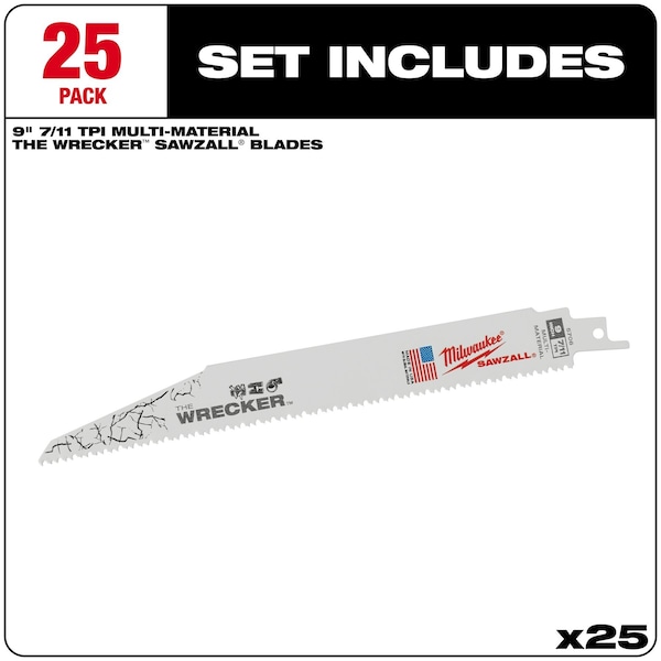 Milwaukee Tool The WRECKER Multi-Material SAWZALL Blade 9" 7/11TPI 25pk - 48-00-8706