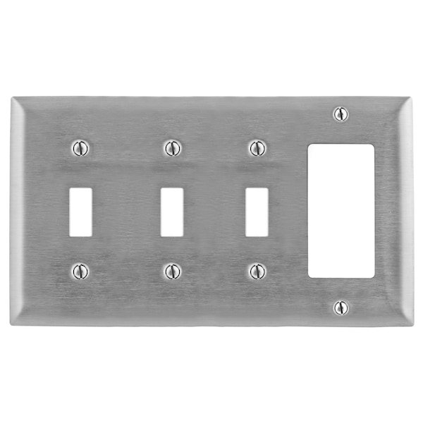 Hubbell Wiring Device-Kellems Wallplates and Boxes, Metallic Plates, 4- Gang, 3) Toggle 1) GFCI Openings, Standard Size, Stainless Steel - SS326