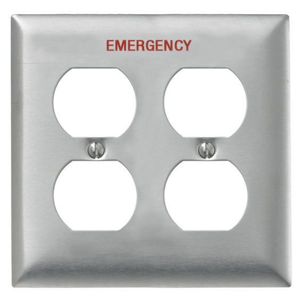 Hubbell Wiring Device-Kellems Wallplates and Boxes, Metallic Plates, 2- Gang, 2) Duplex Openings, Standard Size, Stainless Steel, Engraved EMERGENCY - SS82MEV