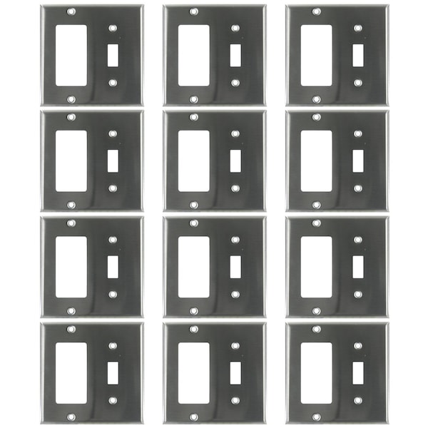 Sunlite 2-Gang Combo Wall Plate, Toggle Switch and Decora Openings, Easy to Install, Steel Finish, 12PK - 40898-NS