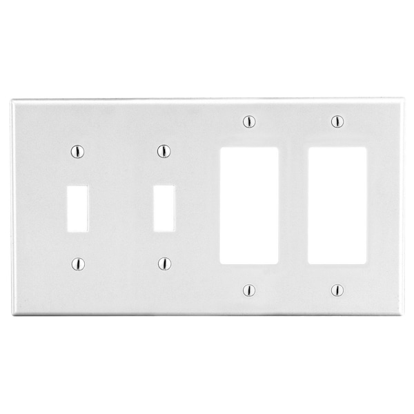 Hubbell Wiring Device-Kellems Wallplate, 4-Gang, 2) Toggle 2) Decorator, White - P2262W