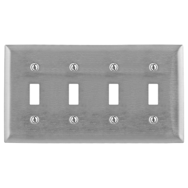 Hubbell Wiring Device-Kellems Wallplates and Boxes, Metallic Plates, 4- Gang, 4) Toggle Openings, Standard Size, Stainless Steel - SS4