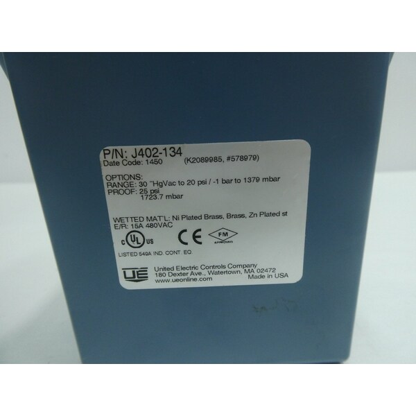 Interruptor de presión UE United Electric 30 pulgadas de mercurio a 20 psi 480V-AC - J402-146
