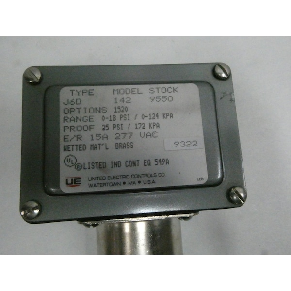 Interruptor de presión Ue United Electric 0-18PSI 277V-AC - J6D 142