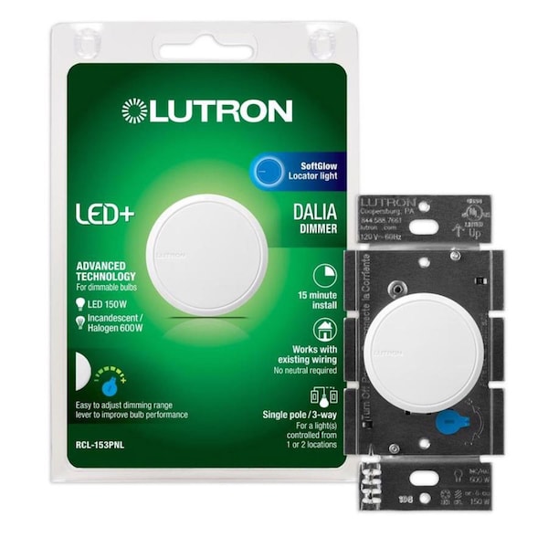 Lutron Dalia Single Pole 3-Way Dimmer Switch White - RCL-153PNLH-WH