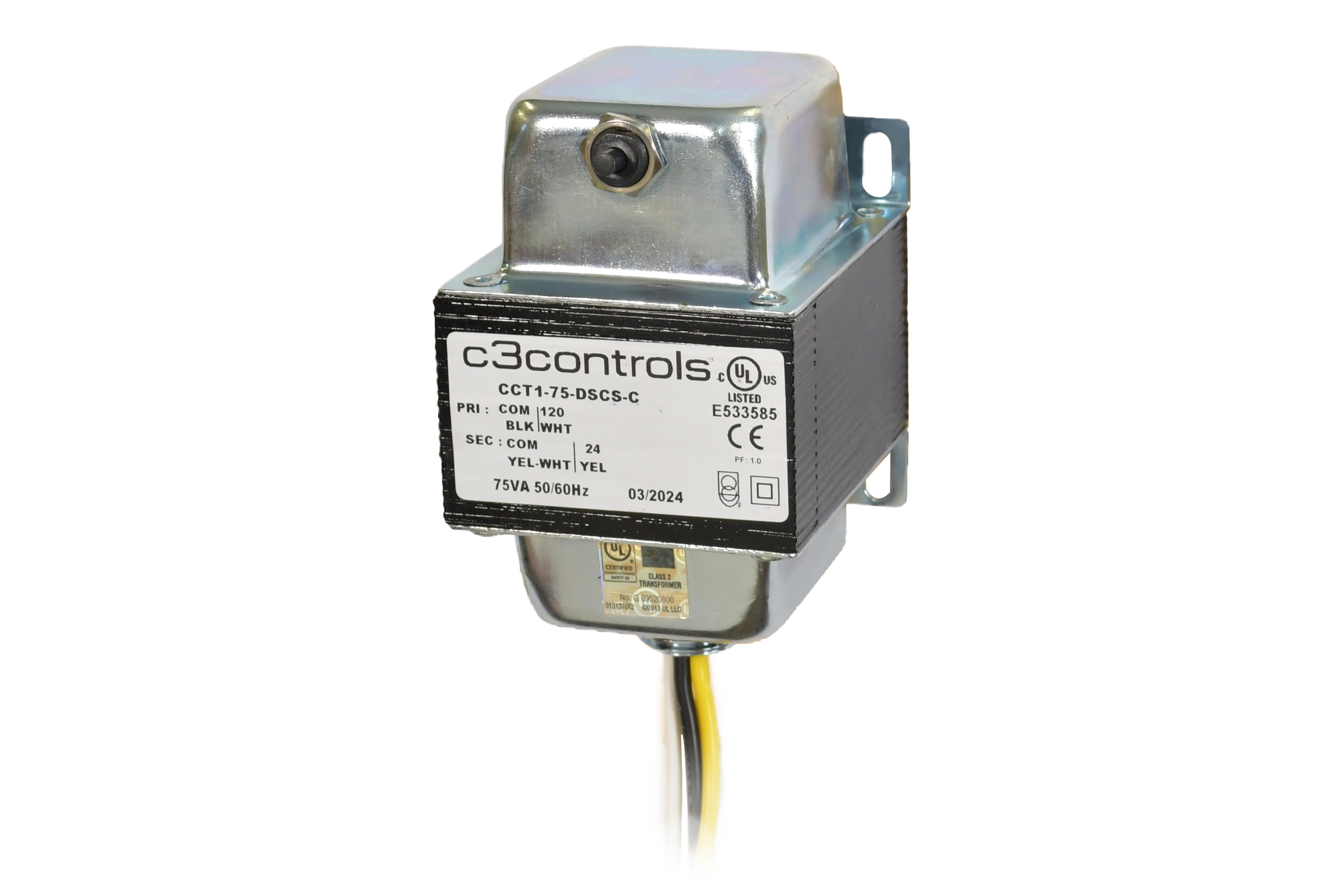 C3Controls Series CCT Control Circuit Transformer,, 40VA,, Primary 120V,, Secondary 24V,, Inherent Protection, UL 5085-3 (Class 2), CE Marked - CCT1-40-DSCS-I