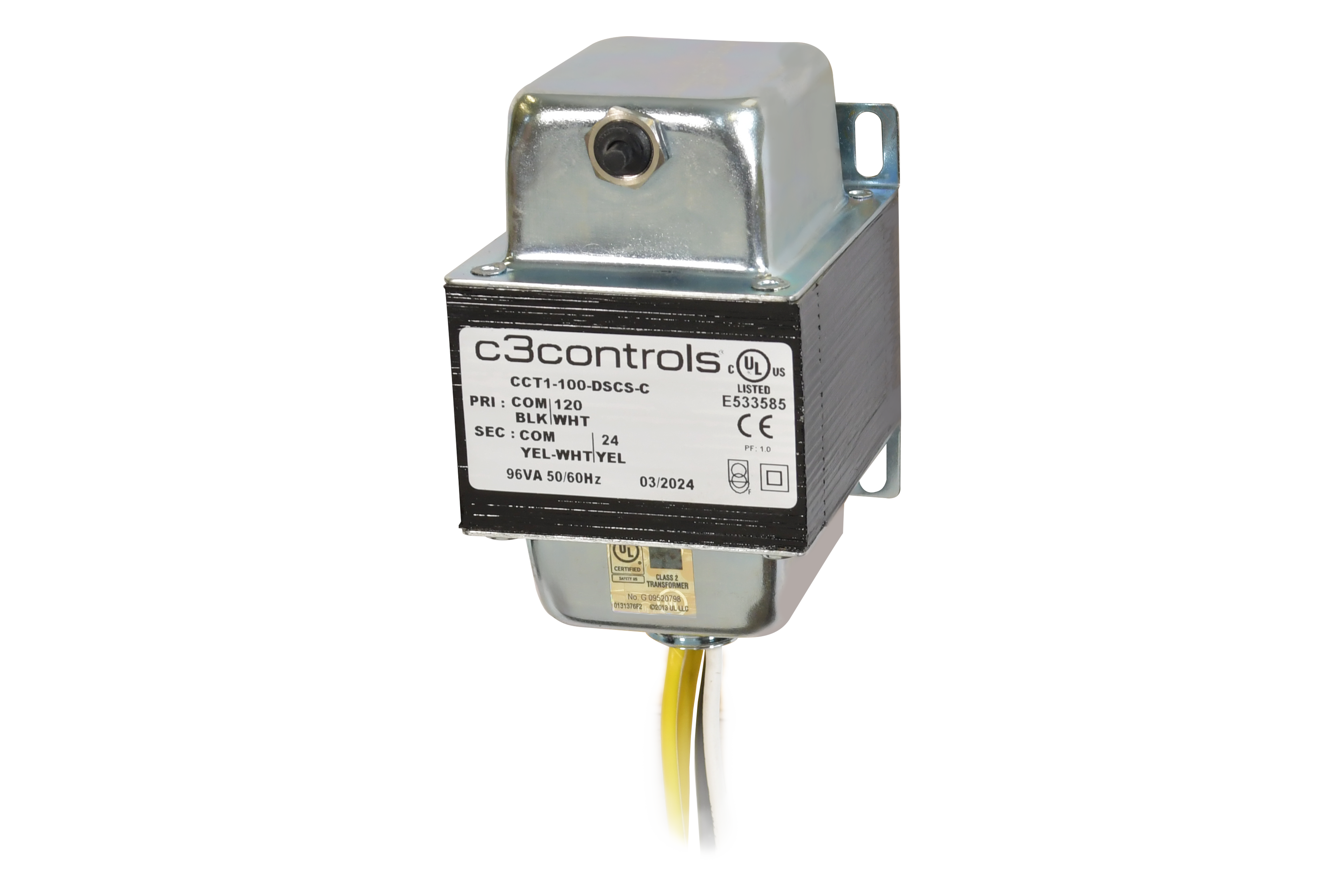 C3Controls Series CCT Control Circuit Transformer,, 75VA,, Primary 120V,, Secondary 24V,, Circuit Breaker Protection, UL 5085-3 (Class 2), CE Marked - CCT1-75-DSCS-C