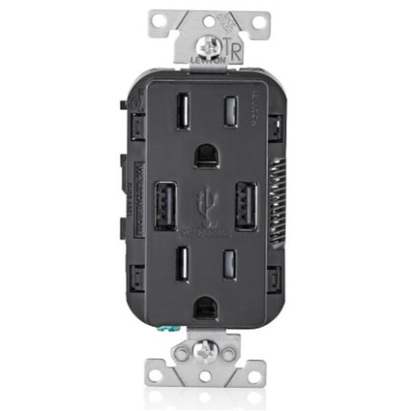 Ezgeneration 15 amps 125V Decora 5-15R Duplex Outlet & USB Charger Black - EZ3305261