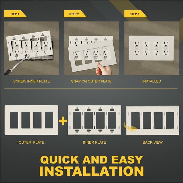 Faith 4-Gang Decorator Screwless Wall Plates, Fits GFCI, USB Recep, Dimmers, Light Controls, Light Almond - SWP4-LA-01