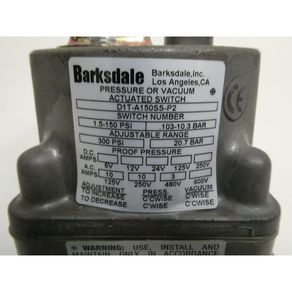Interruptor de presión Barksdale 1/2IN 1.5-150PSI 125/250/480V-AC - D1T-A150SS-P2