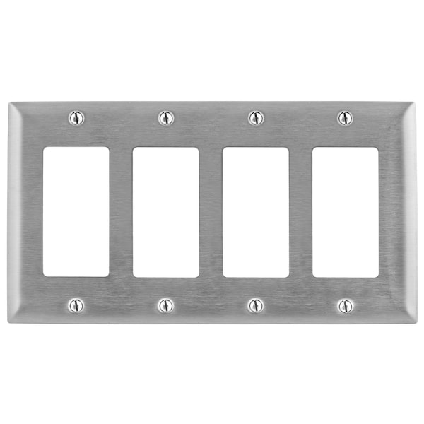 Hubbell Wiring Device-Kellems Wallplates and Boxes, Metallic Plates, 4- Gang, 4) GFCI Openings, Standard Size, Stainless Steel - SS264