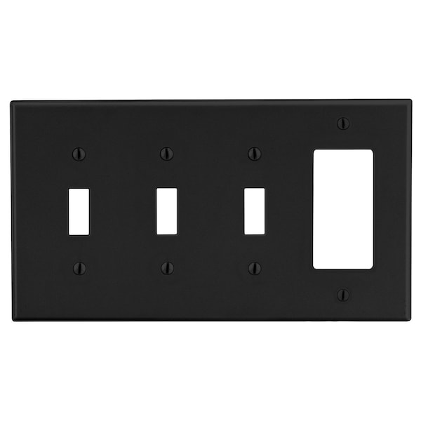 Hubbell Wiring Device-Kellems Wallplate, 4-Gang, 3) Toggle 1) Decorator, Black - P326BK