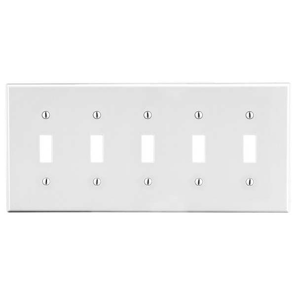Hubbell Toggle Switch Wall Plate, Number of Gangs: 5 Plastic, Smooth Finish, White - P5W