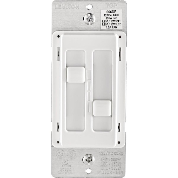Leviton Decora SureSlide Fan & Incandescent/LED/CFL Light White Slide Dimmer Switch - R02-066DF-00W