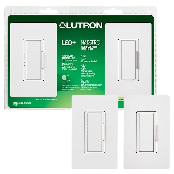 Lutron Maestro CL Dimmer Kit, 125 A, 120 V, 150 W, CFL, Halogen, Incandescent, LED Lamp, 3Way - MACL-153MLRHW-WH