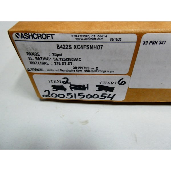 Interruptor de presión Ashcroft 1/2 pulgadas 30PSI 125/250V-AC - B422S XC4FSNH07
