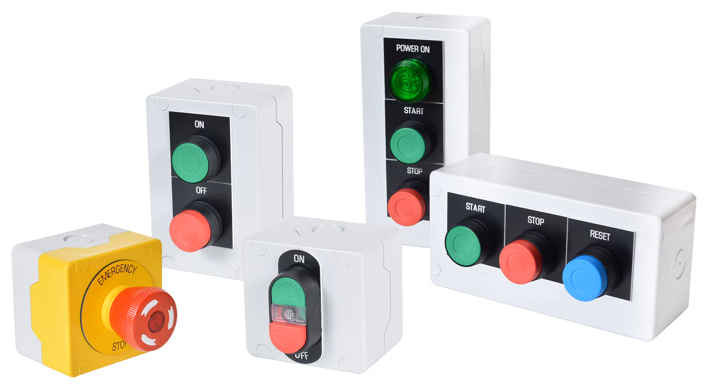 C3Controls Compact Control Station, Polycarbonate Enclosure, Horizontal Orientation, 1 Position w/Grey Cover, Main. Non-Illum. 2-Pos. Pushbutton, Mushroom Cap w/1 NC, Red Cap, Square Legend 1-3/4"x1-3/4", Legend Designation "EMERGENCY STOP" - ECW22H-H1P1-08R04