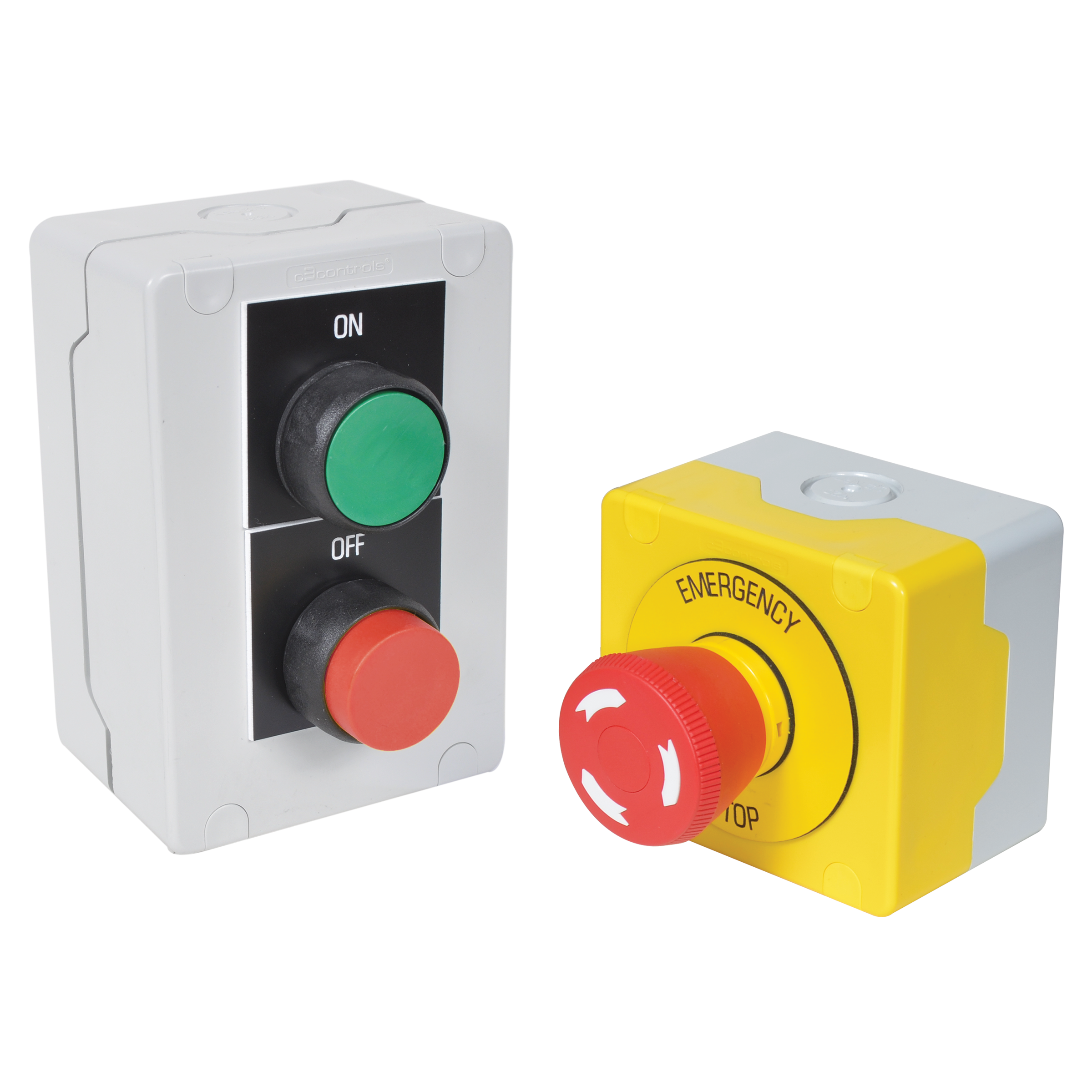 C3Controls Compact Control Station, Polycarbonate Enclosure, Vertical Orientation, 1 Position w/Grey Cover, Mom. Non-Illum. Pushbutton, Flush Cap w/1 NO, Red Cap, Round Legend 2-13/32", Legend Designation "EMERGENCY STOP" - ECW22V-H1P1-01R04R