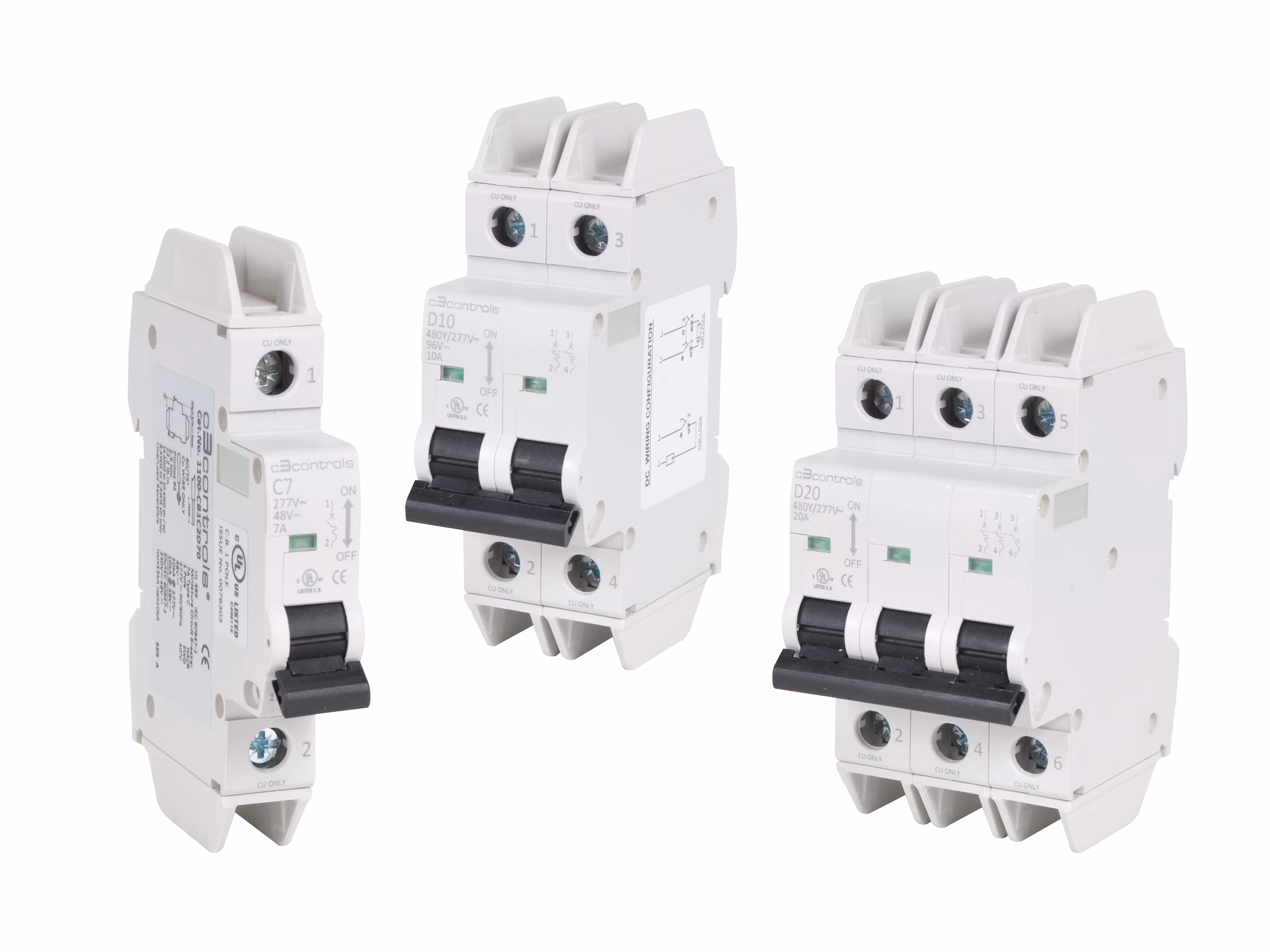 C3Controls UL489B Branch Circuit Breaker, 1 Pole, Trip Curve D, 15A, UL489B, CSA C22.2 No.305 - 1110-CB1D2U15
