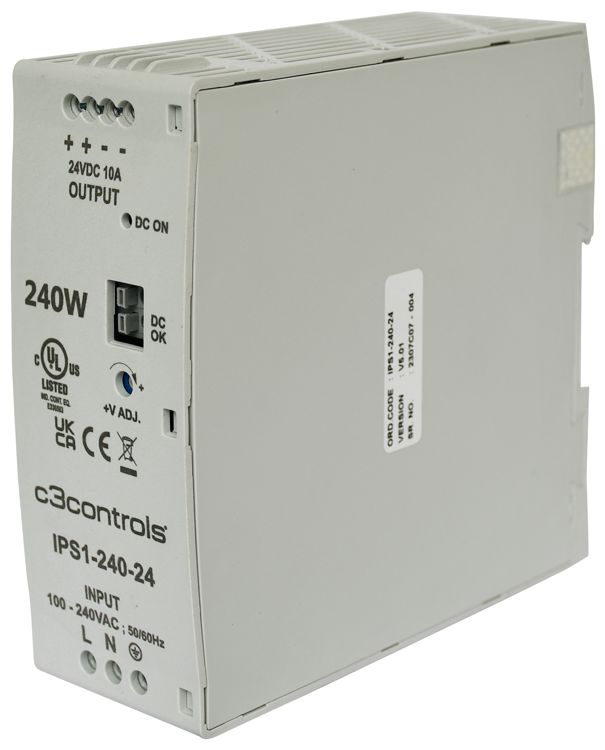 C3Controls Series IPS, 60W, 24V/2.5A DIN rail mounted Power Supply, UL Listed - IPS1-60-24
