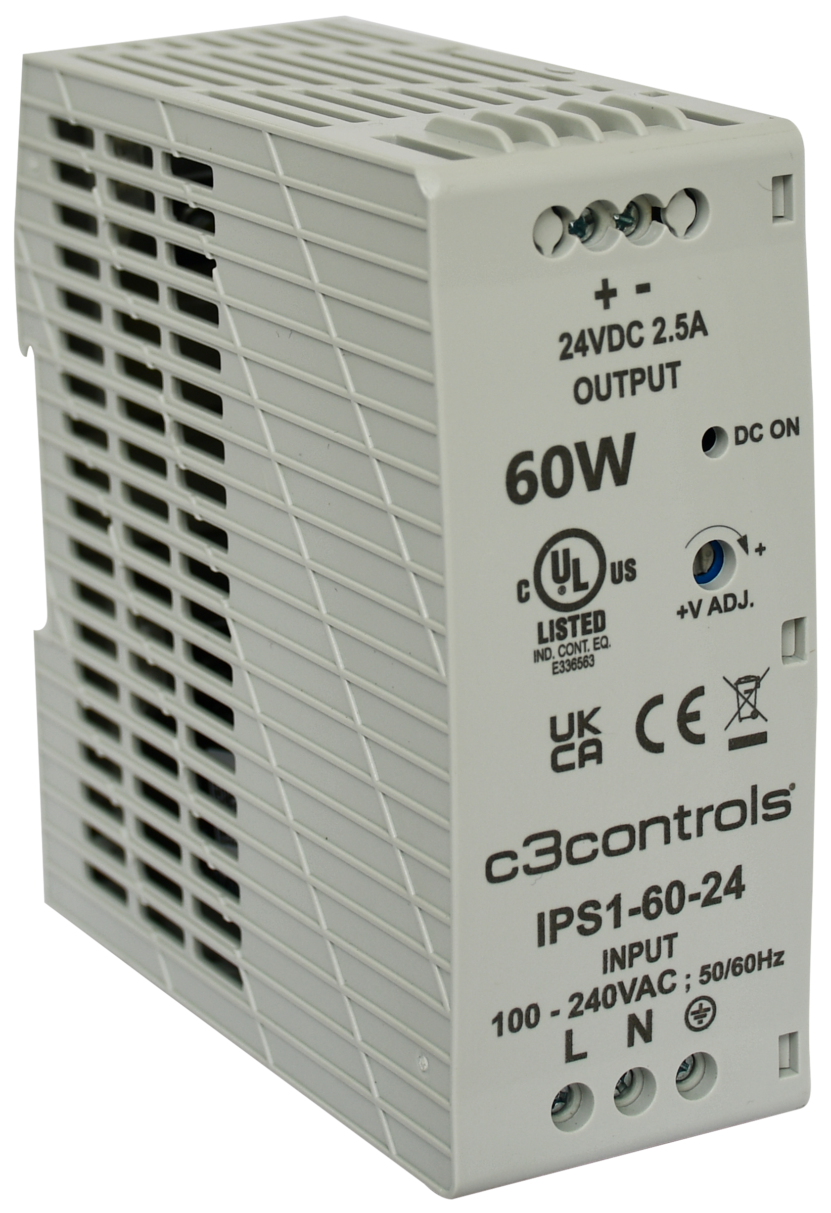 C3Controls Series IPS, 96W, 12V/8A DIN rail mounted Power Supply, UL Listed - IPS1-120-12