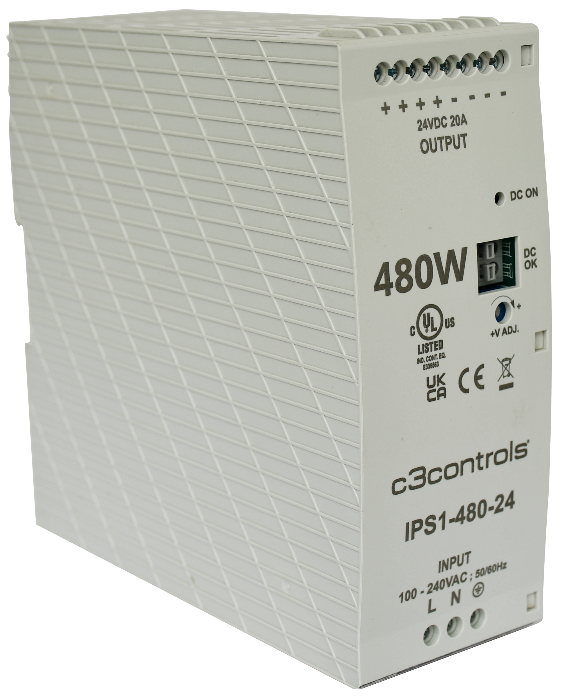 C3Controls Series IPS, 216W, 12V/18A DIN rail mounted Power Supply, UL Listed - IPS1-240-12