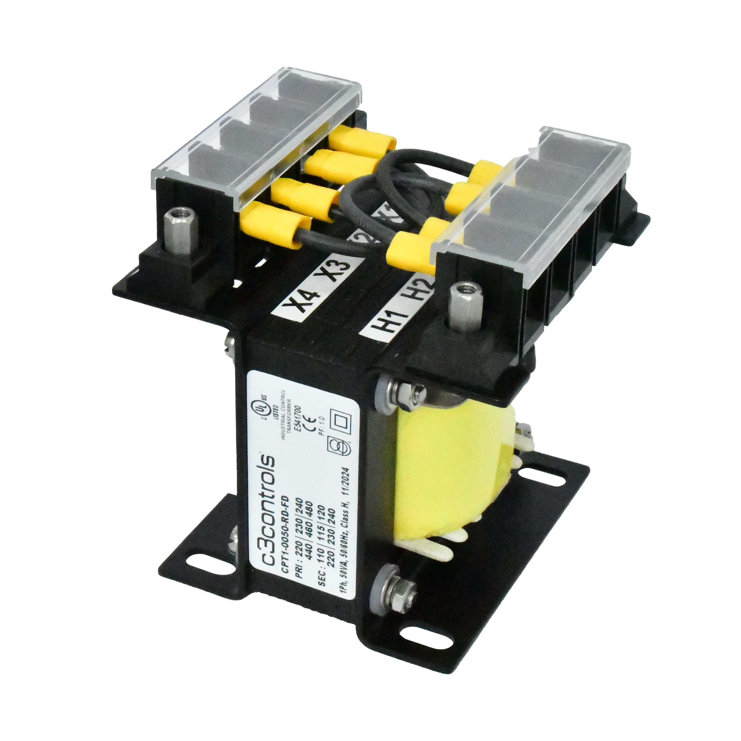 C3Controls Series CPT Control Power Transformer,, 1500VA,, Pri: 220/230/240, 440/460/480V, Sec: 110/115/120 & 220/230/240V, UL 5085-2, IEC 61558, CE Marked - CPT1-1500-RD-FD