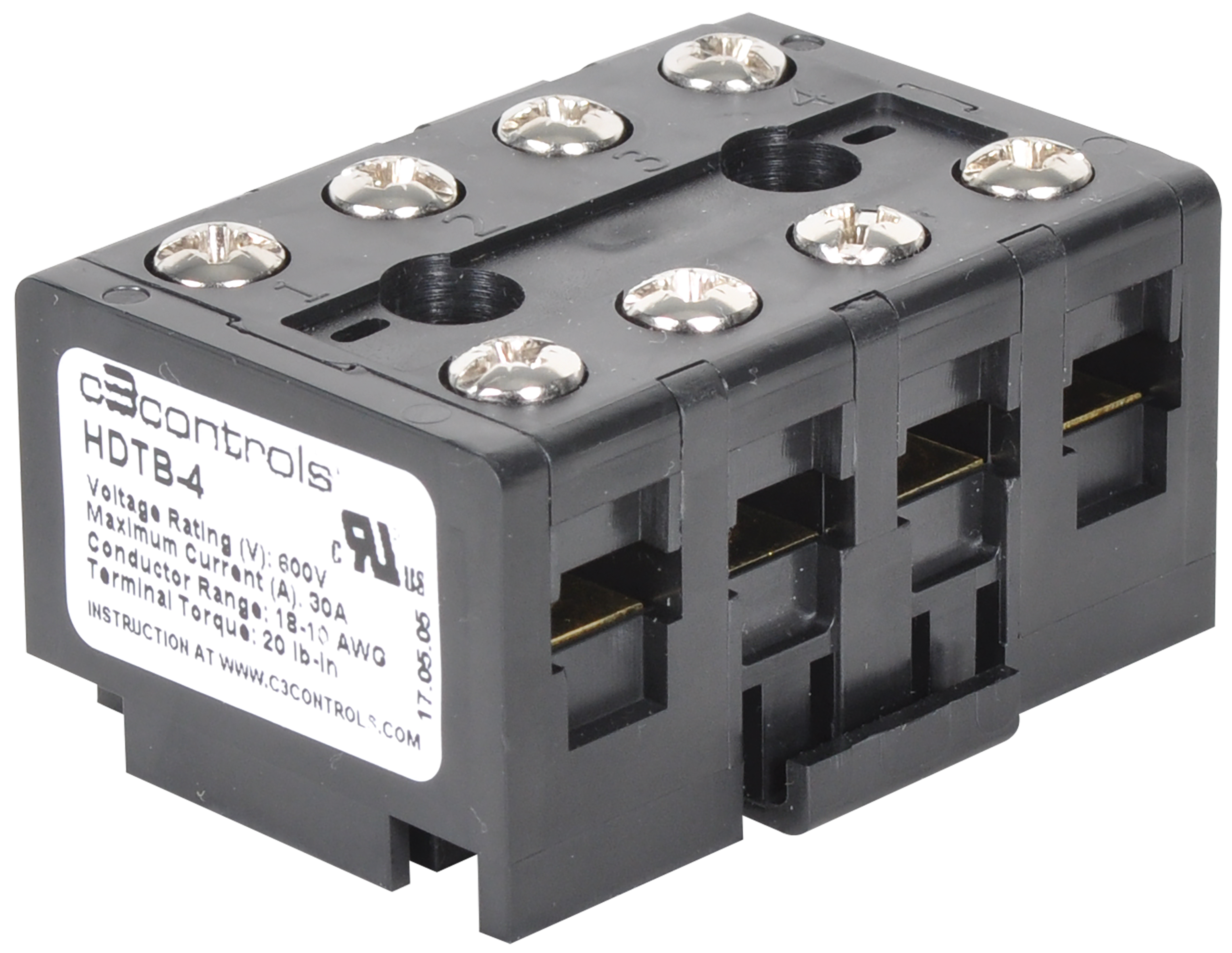 C3Controls High Density Terminal Block, 6-Circuit, 30A / 18-10 AWG, Black - HDTB-6