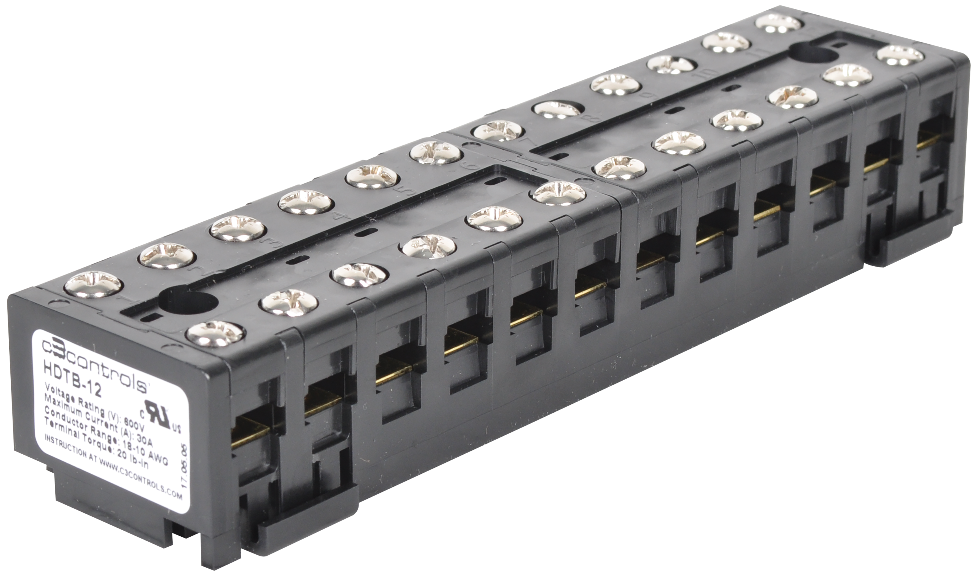 C3Controls High Density Terminal Block, 12-Circuit, 30A / 18-10 AWG, Black - HDTB-12
