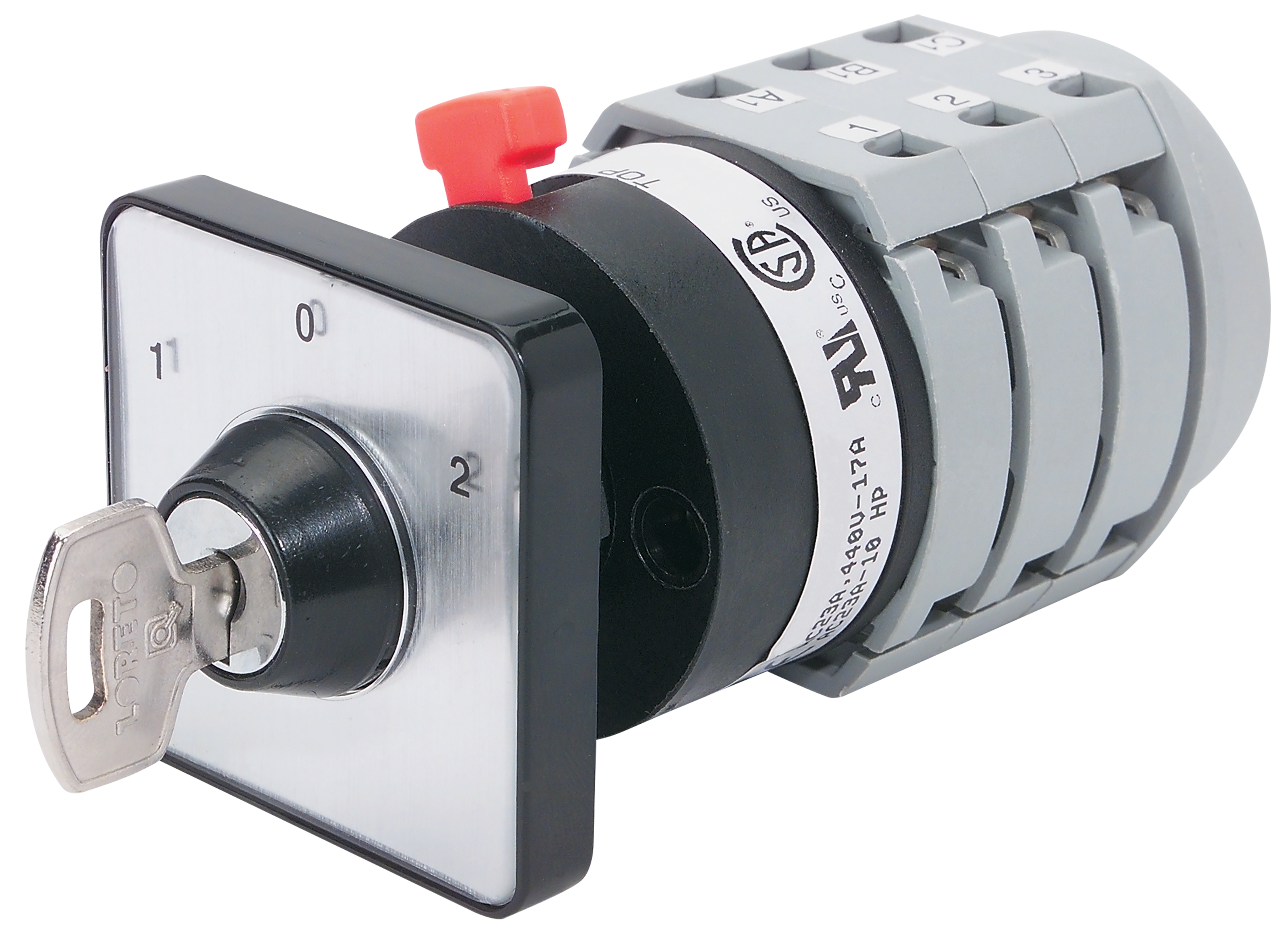 C3Controls On-Off Cam Switch, Maintained 60 Degrees, 5 Poles / 3 Stages, 32A, Round Ring (no front plate), Lever, Red Operator - CS11005-G32-N22LRN